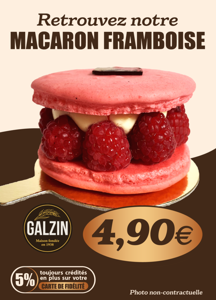 "Macaron framboise Galzin garni de framboises fraîches et crème onctueuse"